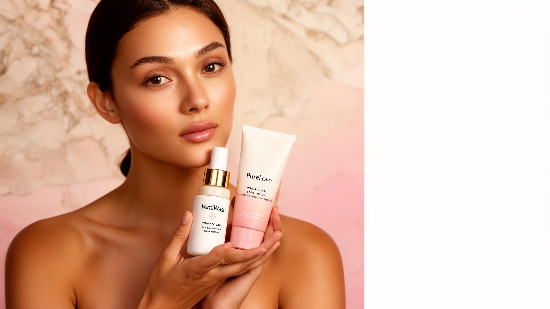 Woman holding LoveMore FemiWash and PureLove intimate care products